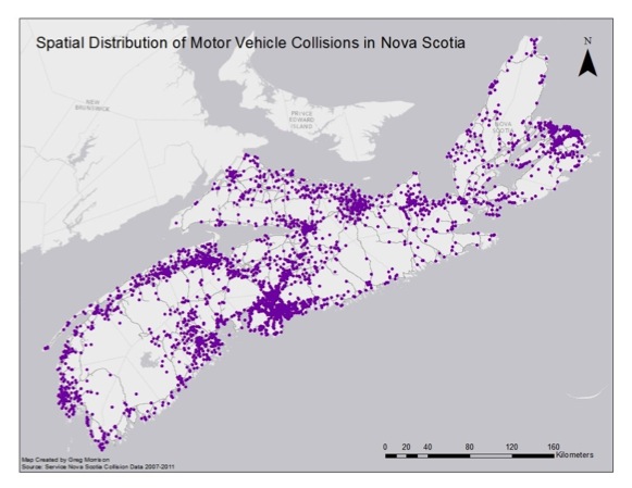 Spatial distribution of motorvehicle collisions in Nova Scotia (DalTRAC 2014)