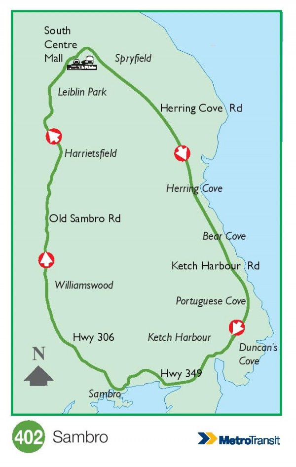 Route 402 is a coverage route, with 10 trips per day. Travel time around the loop is 51 minutes.