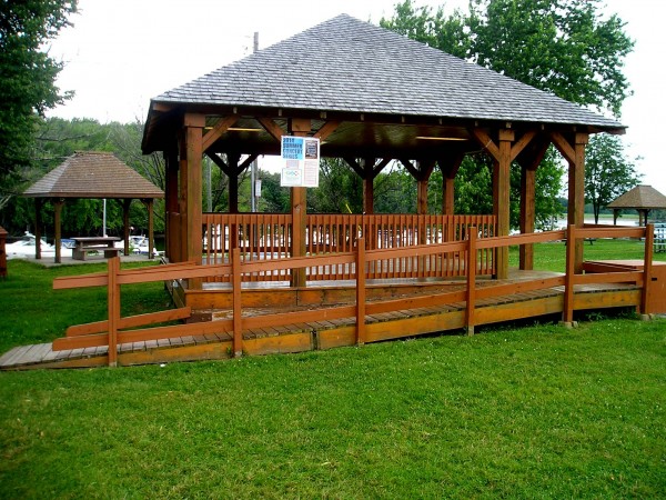 Pavilion and picnic tables along Oromocto's waterfront.