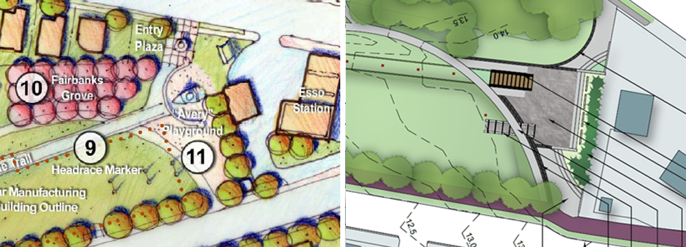 Boat playground at the top of the Greenway in the 2006 plan. Plaza with replica cradle and interpretative collage in 2014 plan.