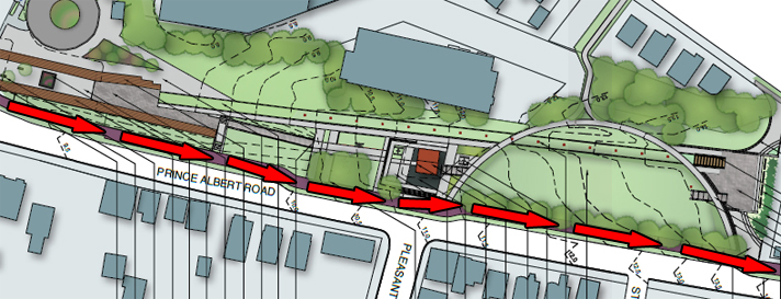 Trail passing along Prince Albert Road in the 2014 plan (red arrows added for emphasis)