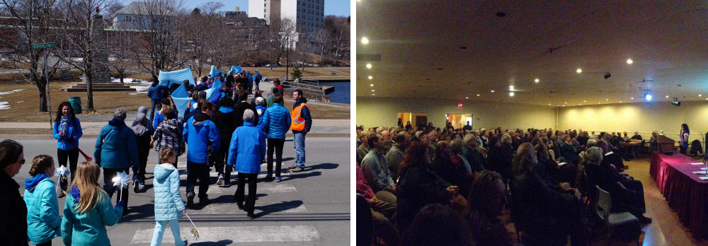 100s symbolically recreated the River by dressing in blue on Earth Day. Nearly 300 turned out for a public meeting hosted by the MP. Photos News 95.7 & Ecology Action Centre