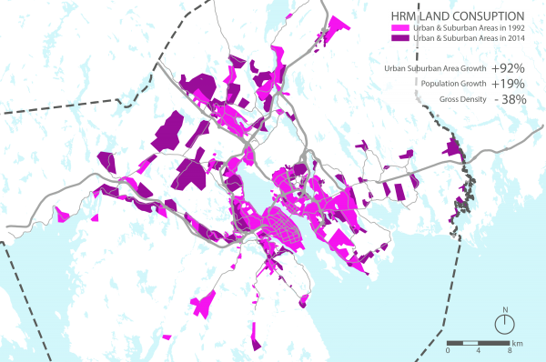 Halifax doubled in physical size in 22 years while only growing in population by one fifth. 