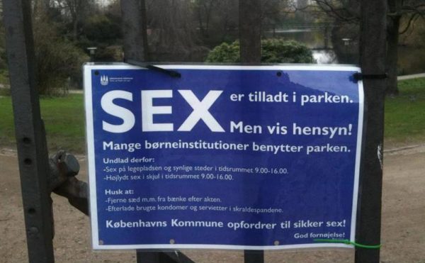 Activists put up signs acknowledging protocol on public sex in Copenhagen. From Meryl McKerrow/Pinterest.