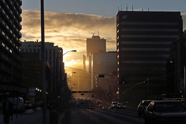 Sunrise on downtown and Jasper Avenue, Edmonton's main street. 