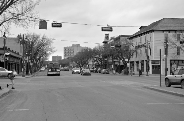 2013- Whyte Avenue with the Strathcona hotel in foreground. 