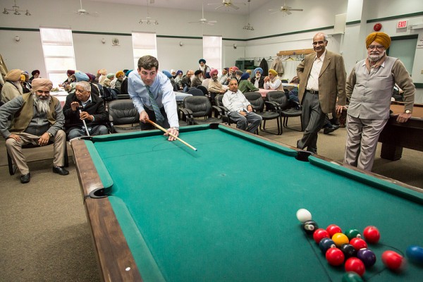 Playing pool at the Mill Woods Society for the Retired and Semi-Retired.