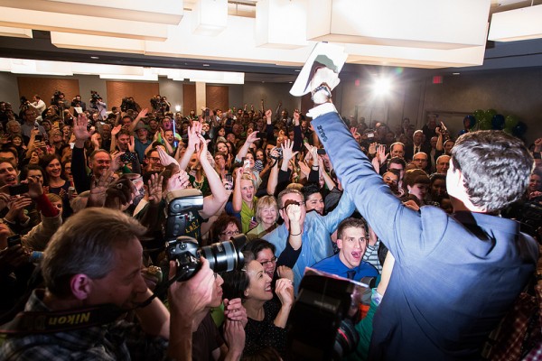 The crowd goes wild as Don mounts the stage prior to his victory speech.