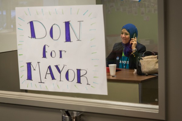 A volunteer on the phones at HQ.