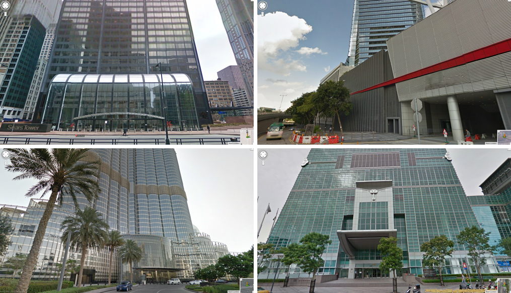 Four of the world's tallest buildings, clockwise from top left: Sears Tower (Chicago); International Commerce Center (Hong Kong); Taipei 101 (Taipei); and Burj Khalifa (Dubai).