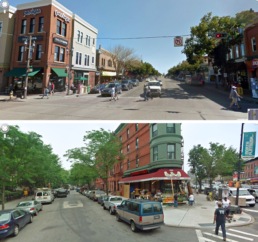 Google Streetviews of Edmonton's Whyte Avenue (top) and Brooklyn's Flatbush Avenue (bottom), both featuring interesting streets capes and plenty of people you don't need to squint to make out.