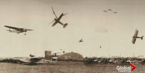 Planes swarming like flies in Blatchford Field. Screen capture from Global Edmonton.