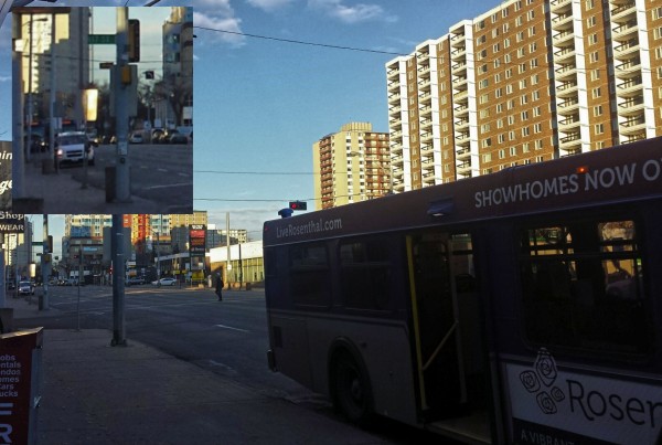 Three buses close behind one another on Jasper Avenue (corner of photo zoomed). Photo: Paul Giang