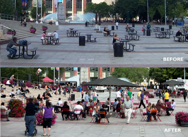 Churchill Square before and after park furniture was changed. Sources: Wikipedia, City of Edmonton.