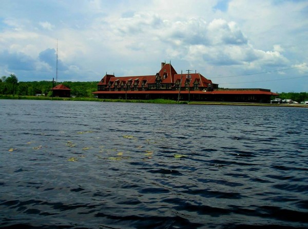 View of McAdam’s historic train station from McAdam Pond.