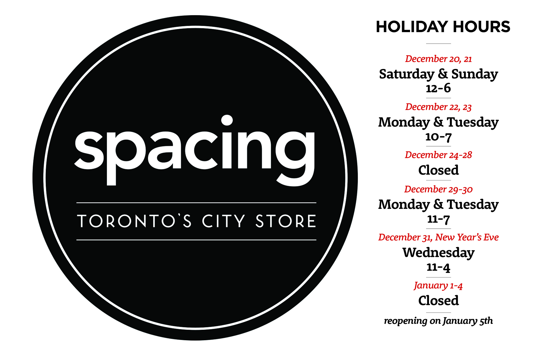 The Spacing Store&#039;s holiday hours - Spacing Toronto