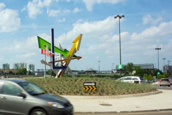 Possibilities by Michel de Broin, Mississauga, a sculpture of seven coloured arrows inspired by roadside signage from the golden age of the automobile [courtesy: City of Mississauga]