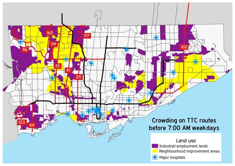 Map showing overcrowding TTC routes during the COVID-19 pandemic, in industrial zones and neighbourhood improvement areas