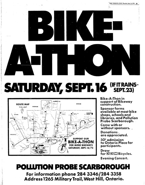 Sept. 16, 1972 Ad for Bikeathon for bikeways in Toronto Star