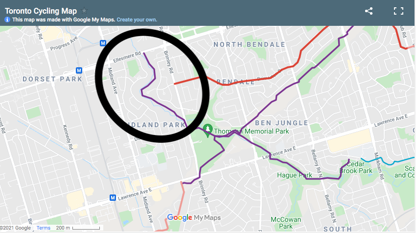 Map: Birkdale Ravine Bike Path (from Ellesmere to Brimley) - and extension to Cedar Brook Park