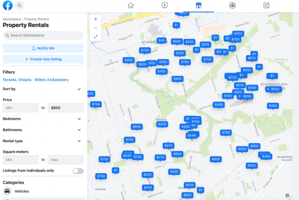 A Facebook Marketplace search reveals many shared basement suite rentals along McCowan Road