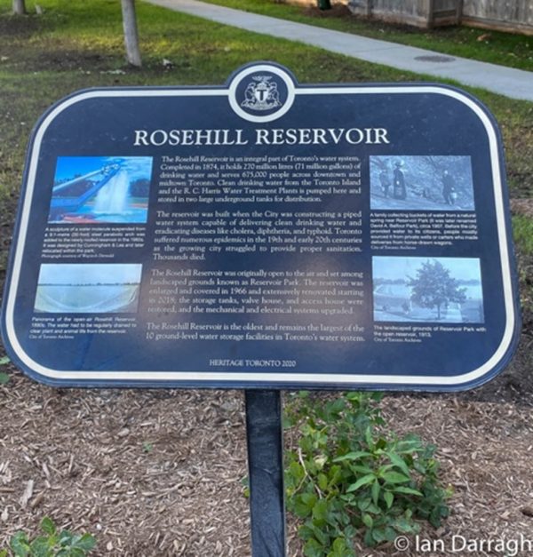 Heritage Toronto has installed five new plaques telling the history of Rosehill Reservoir and how the city’s water treatment system reduced typhoid, cholera, diphtheria and other water-borne diseases.