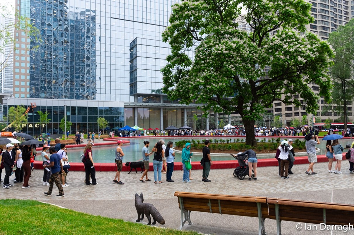Fox sculpture surveys visitors to Toronto’s newest park.