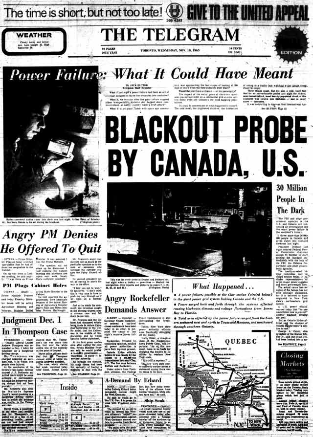 Front page of the November 10, 1965 edition of the Telegram