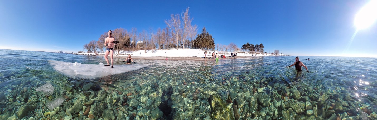 Swimming at Michael Hough Beach at Ontario Place’s West Island in February 2022 when Lake Ontario was largely ice-free (Steve Mann photo).