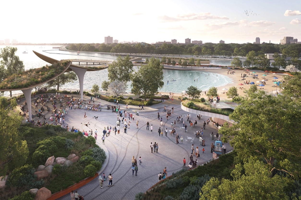 Artist’s concept of new proposed beach on the West Island of Ontario Place. Like Sunnyside Beach, this one would be near a storm sewer that often contaminates this stretch of the lakeshore with high counts of bacteria. All 850 trees on the West Island are slated to be clearcut, so the mature tree at right is misleading (Therme Group image).