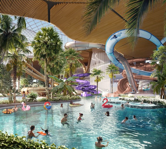 Artist’s concept of the Therme waterpark featuring palm and banana trees. Critics argue the artificial tropical environment has no connection to Lake Ontario, so the spa could be located far from the waterfront and families could still enjoy the same experience (Diamond Schmitt Architects image).