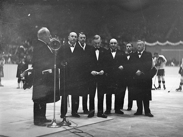 Some of the dignitaries who bored the audience on opening night at Maple Leaf Gardens, November 12, 1931. Left to right: J.P. Bickell, Ontario Premier George Henry, unknown (possibly Ed Bickle?), Toronto Mayor William J. Stewart, Canadian Bank of Commerce VP George Cottrell, broadcaster Foster Hewitt, and NHL president Frank Calder. City of Toronto Archives, Globe and Mail fonds, Fonds 1266, Item 25805.