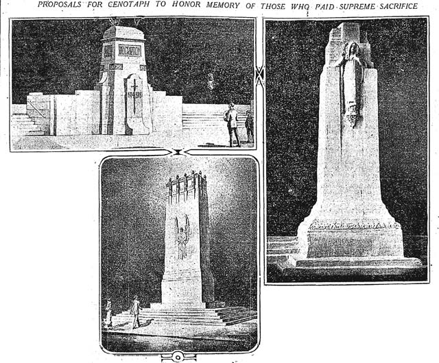 Three of the potential designs for the cenotaph. Toronto Star, October 27, 1924.