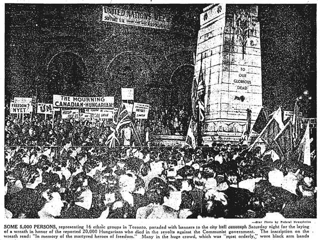 Hungarians and others gather at cenotaph, 1956