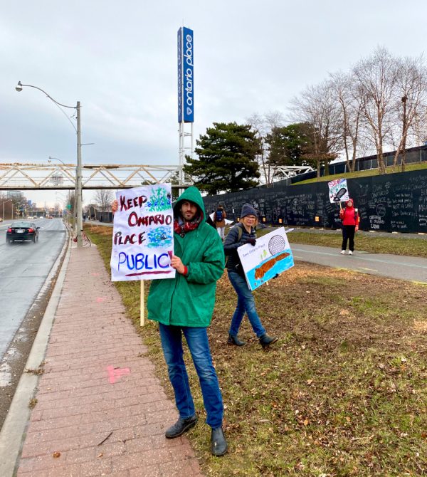 With access to the West Island of Ontario Place closed off, protestors have gathered on weekends along the black hoarding along Lake Shore Boulevard to protest the loss of habitat for 192 species observed at Ontario Place.