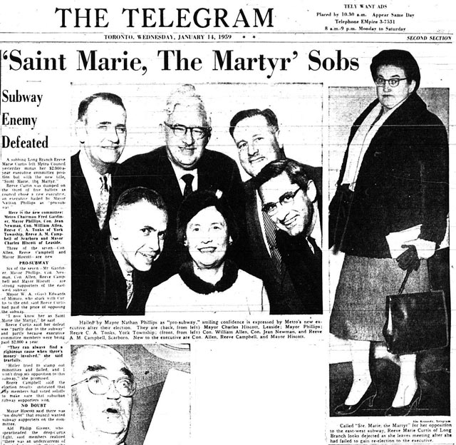 Marie Curtis gets the boot, while the new Metro Executive Committee smiles for a group shot. The Telegram, January 14, 1959.