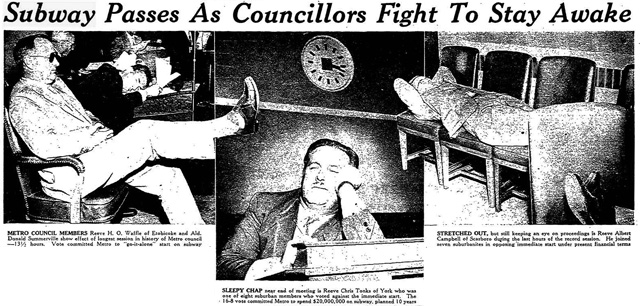 Metro councillors attempting to catch a few winks during a 13-and-a-half hour meeting. Left picture: H.O. Waffle (in shades) and Donald Summerville (head resting). Middle picture: Chris Tonks. Right picture: Albert Campbell. The Toronto Star, July 4, 1958.