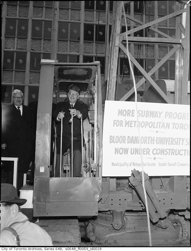 City of Toronto mayor Nathan Phillips and Ontario premier Leslie Frost (I'm pretty sure it's Frost) at the ceremony launching construction of the Bloor-Danforth line, 1959. City of Toronto Archives, series 648, file 59, item 18. 