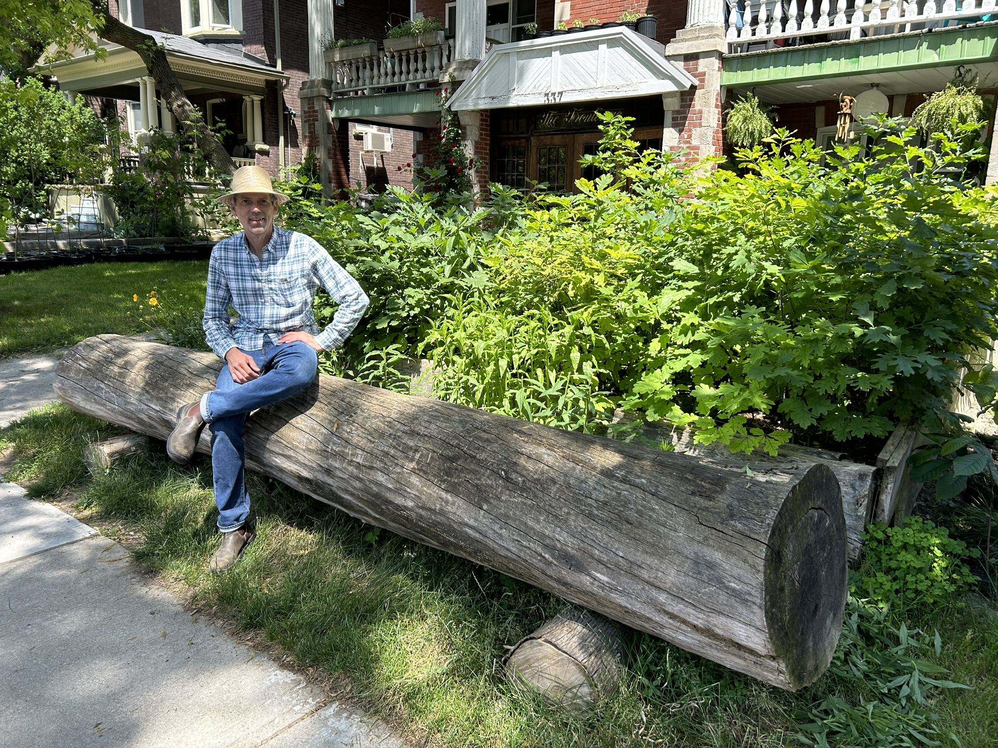 Eric Davies sitting on oak log bench