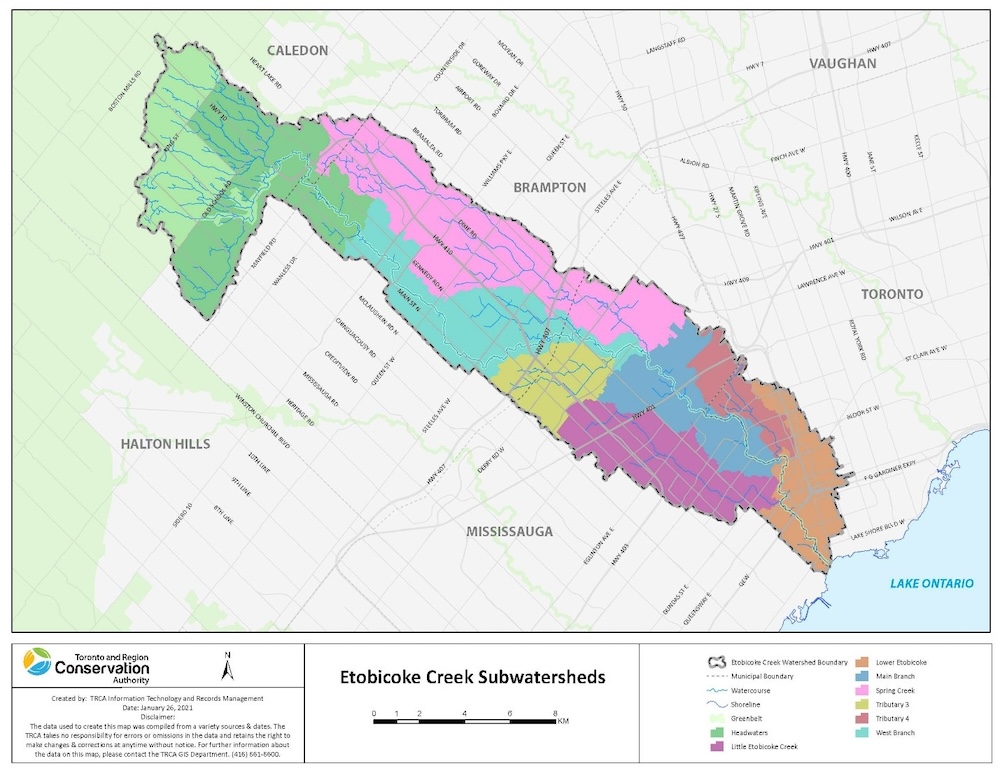 Current subwatershed map for the areas around Marie Curtis Park Beach and Etobicoke Creek. Counter obtained maps similar to these from the TRCA. SOURCE: City of Toronto