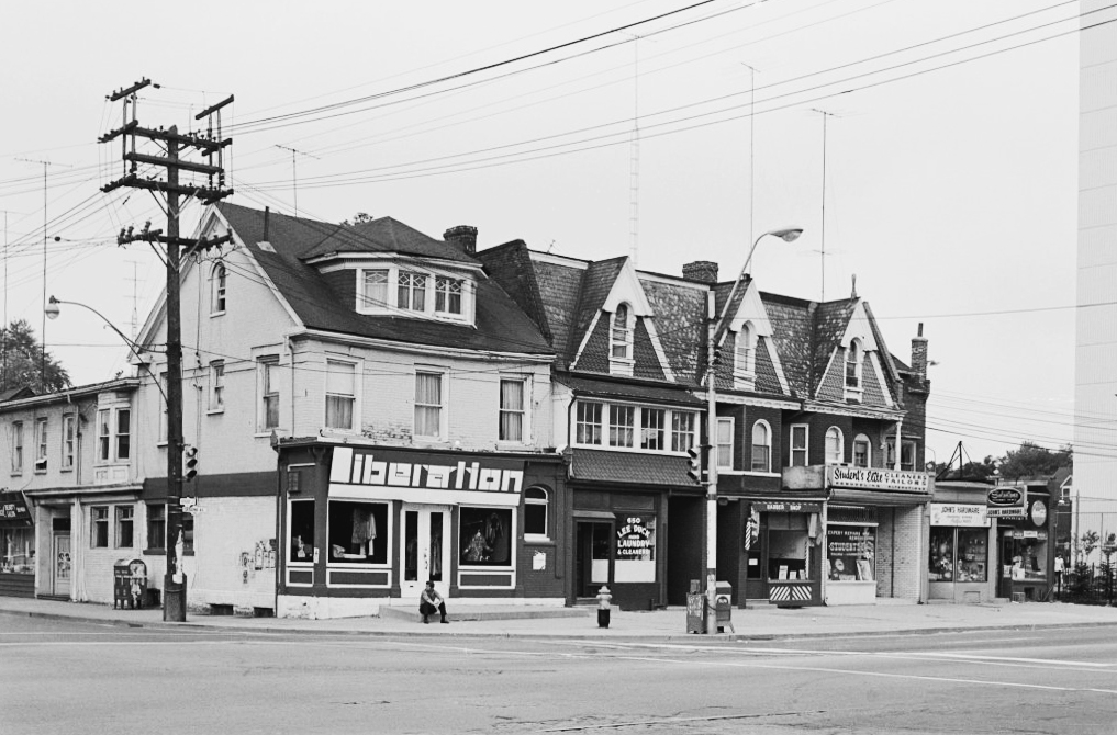 Corner of Spadina Avenue and Harbord Street looking north-west, 1972