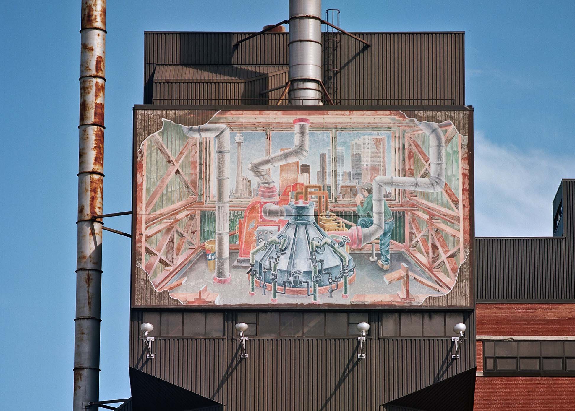 Spray tower mural painted by Phillip Woolf, Lever Brothers Don Valley plant, 2015