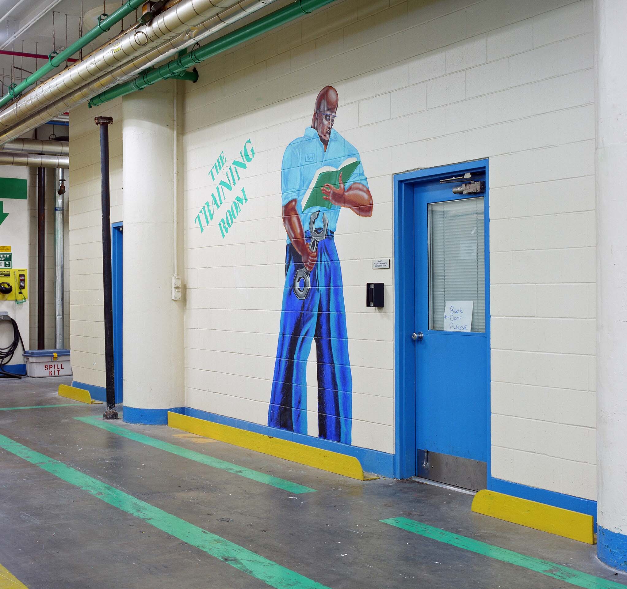 Mural portrait of Lever Brothers plant manager Kevin Beck by resident artist Bill Salinas, Lever Brothers Don Valley plant, 2003