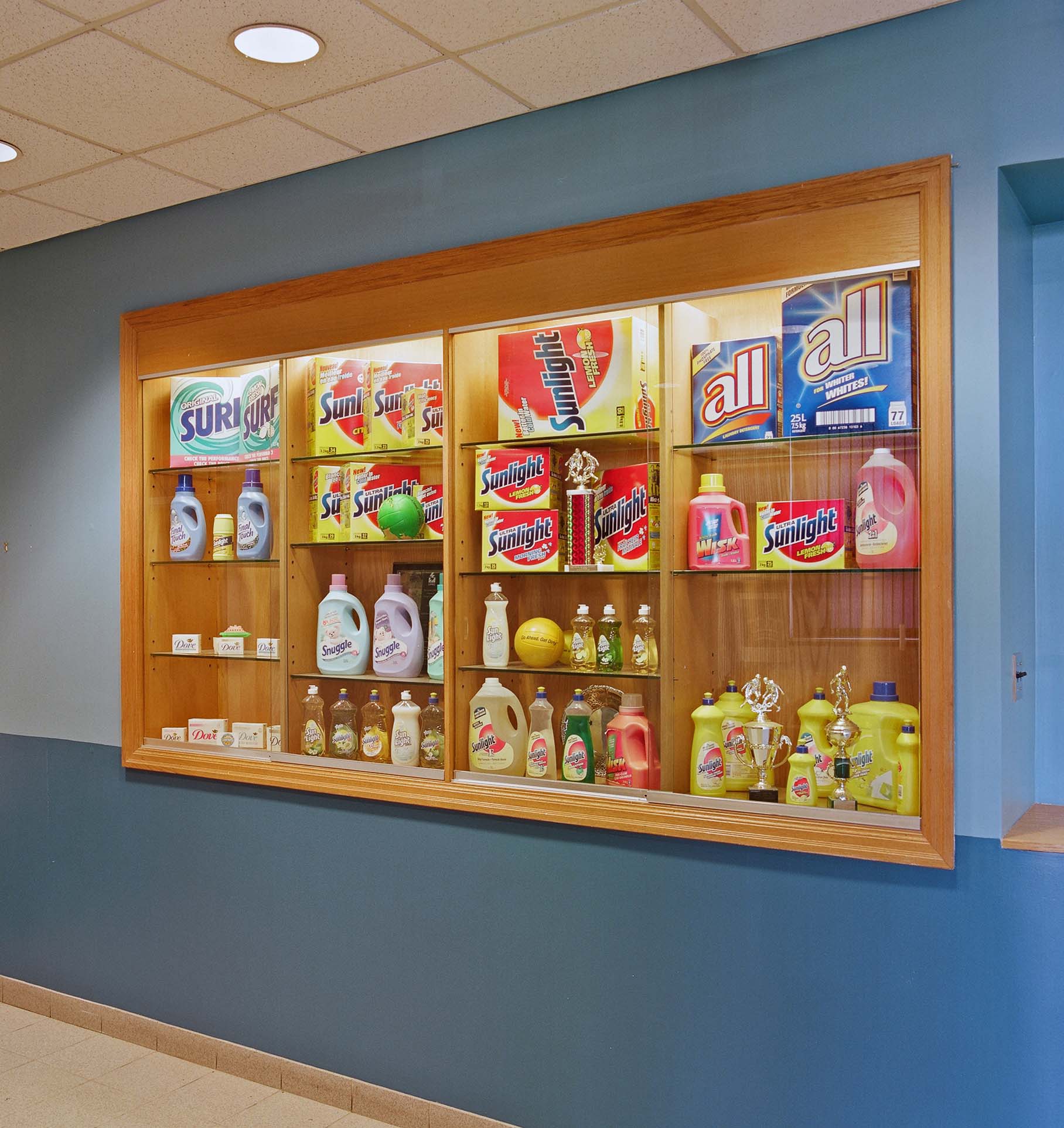 Product display in the lobby of the abandoned Lever Brothers Don Valley plant, 2015