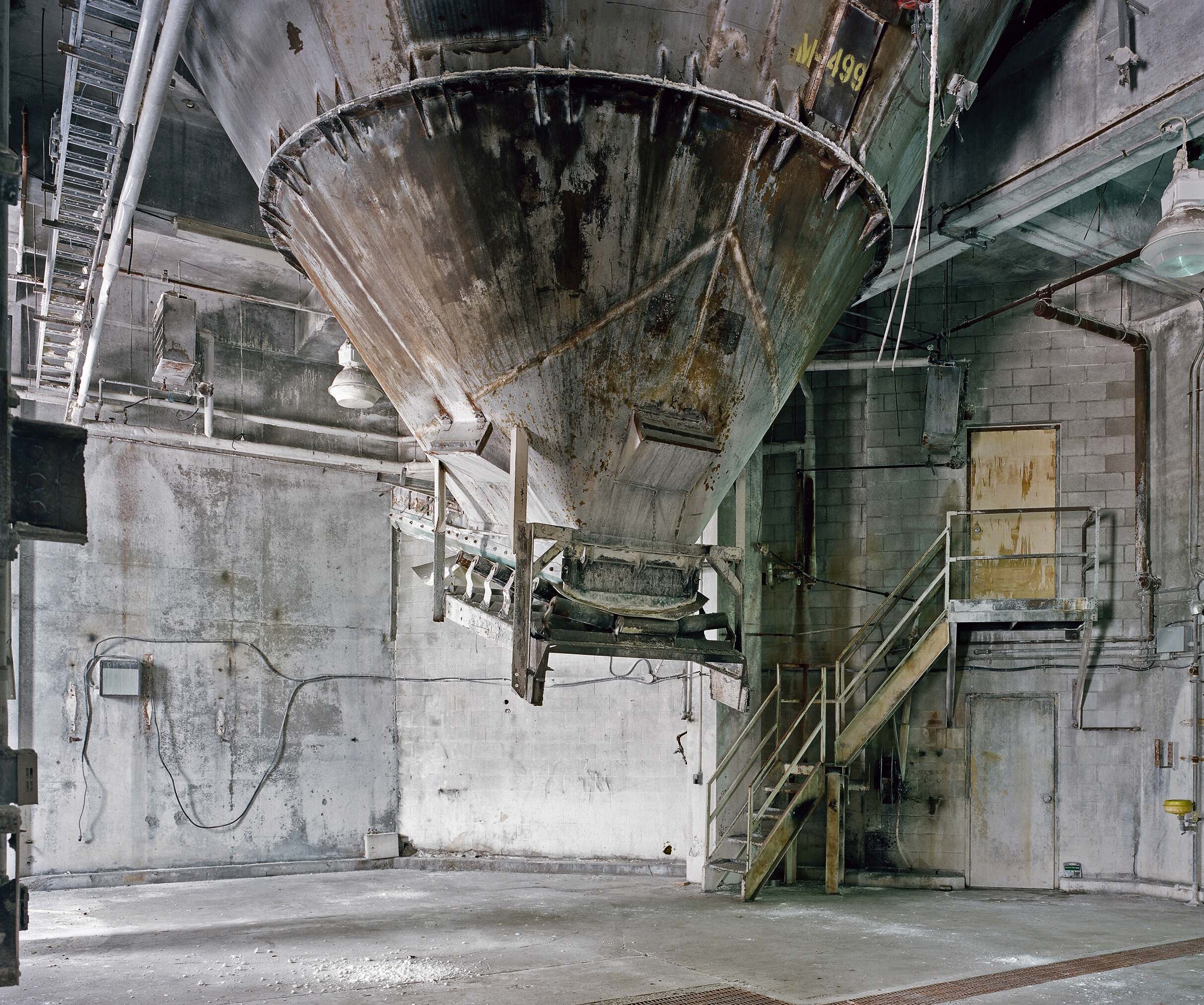 Abandoned hopper and conveyor at base of the spray tower, Lever Brothers Don Valley plant, 2015
