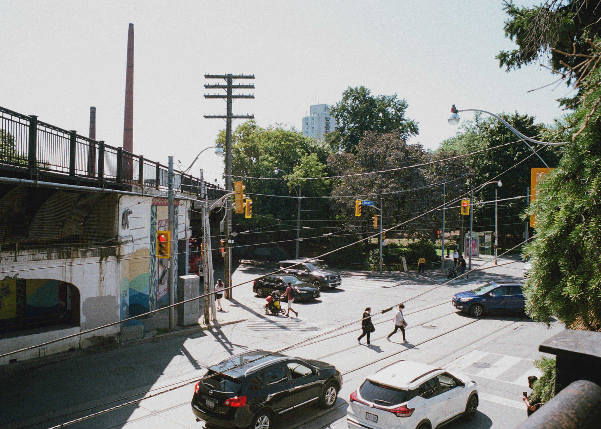 Elevated view of Gerrard and Carlaw Intersection, looking toward site of future Ontario Line station, 2023