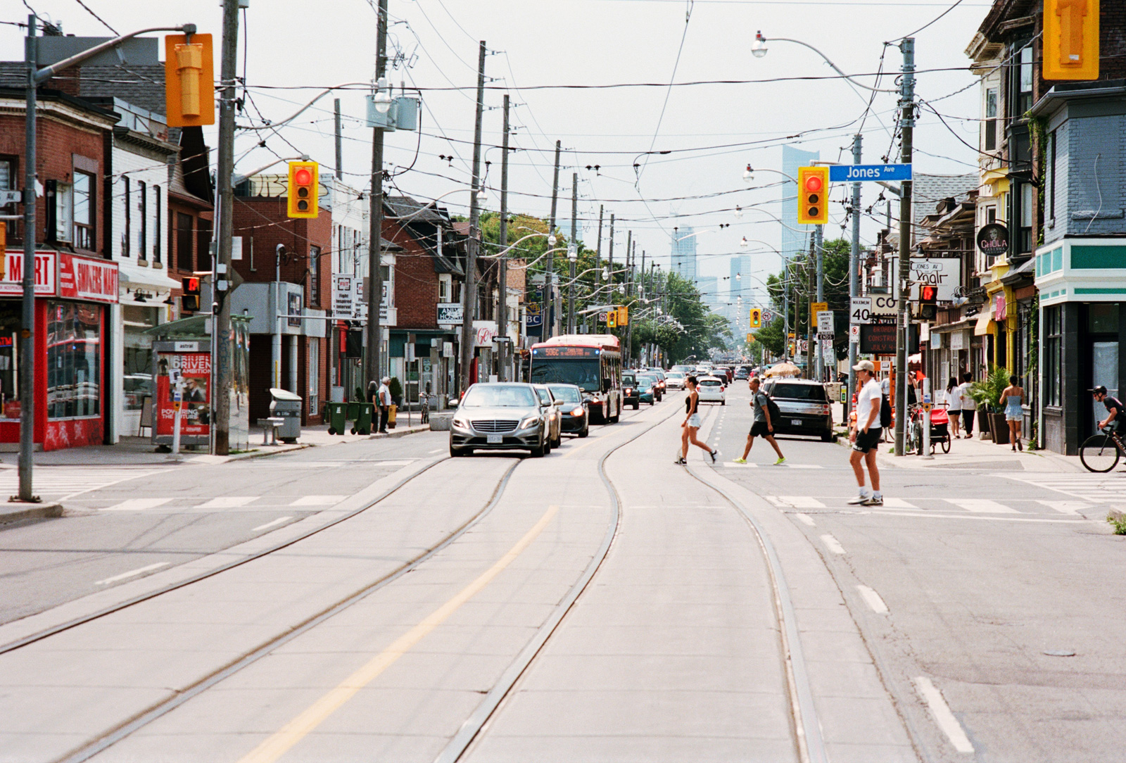 Looking west on Gerrard Street East, at Jones Avenue, 2023