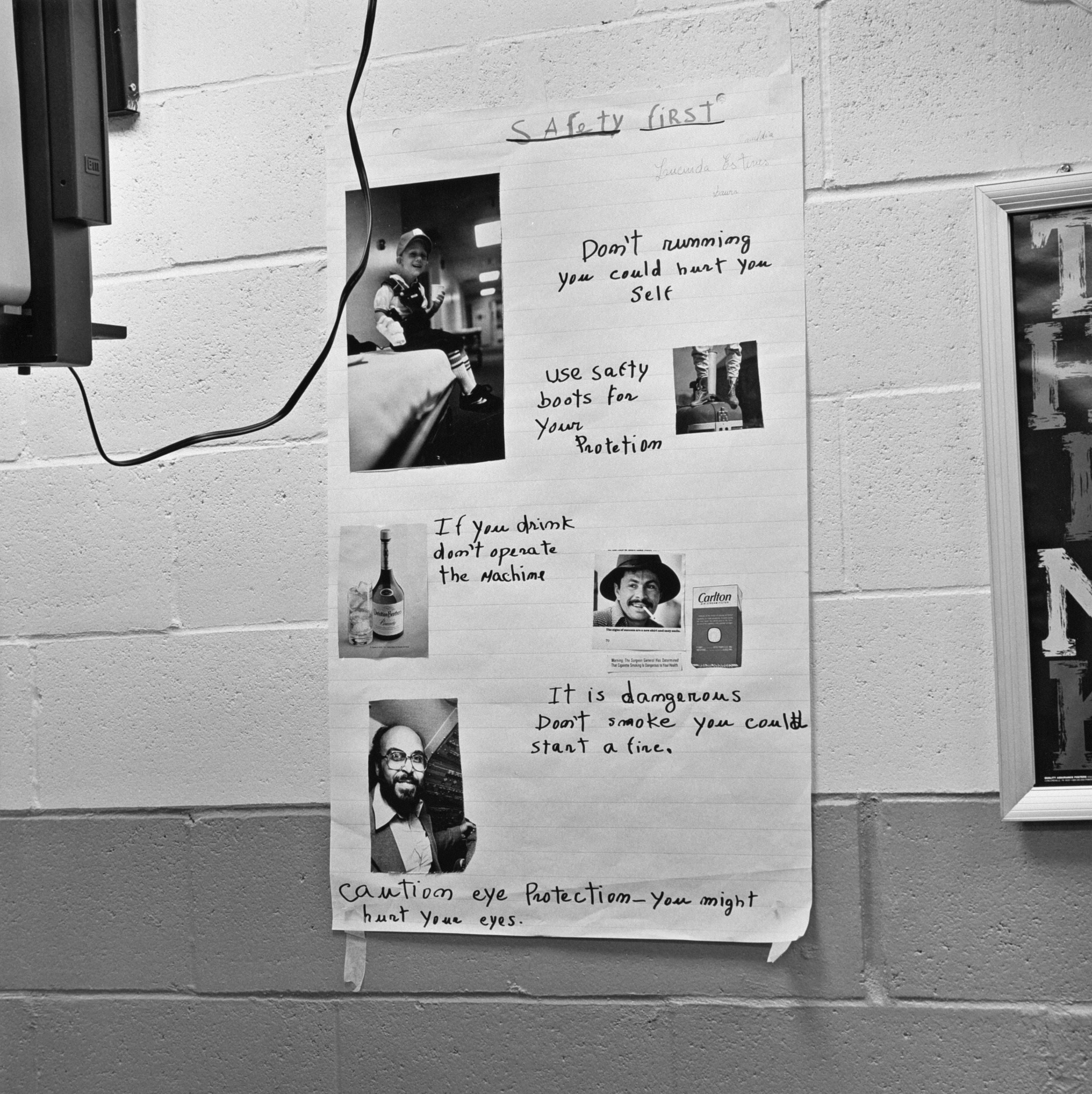 “Safety First" poster created by workers enrolled in the on-site ESL class, July, 1994