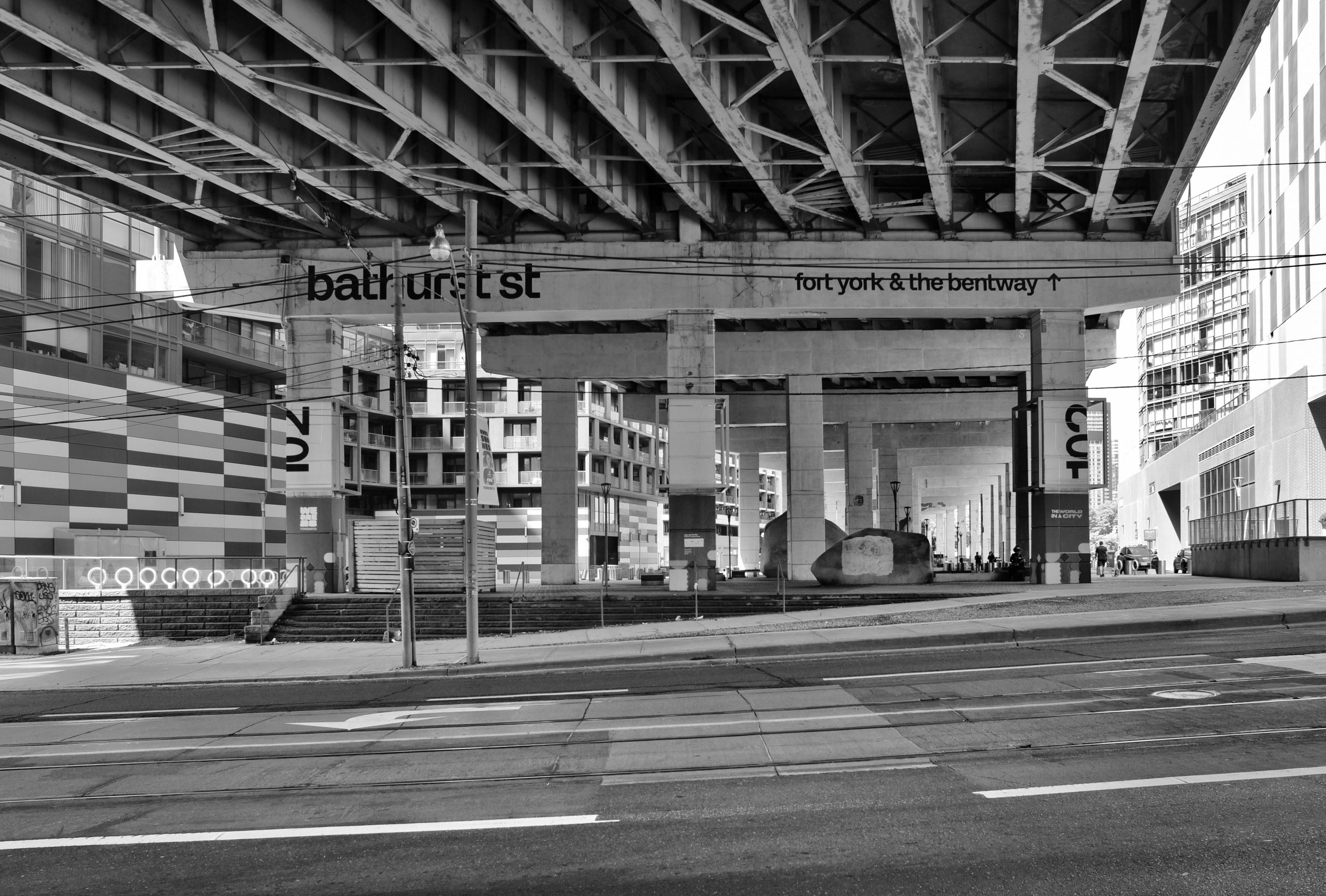 Bathurst Street under the Gardiner Expresway, looking west, 2026