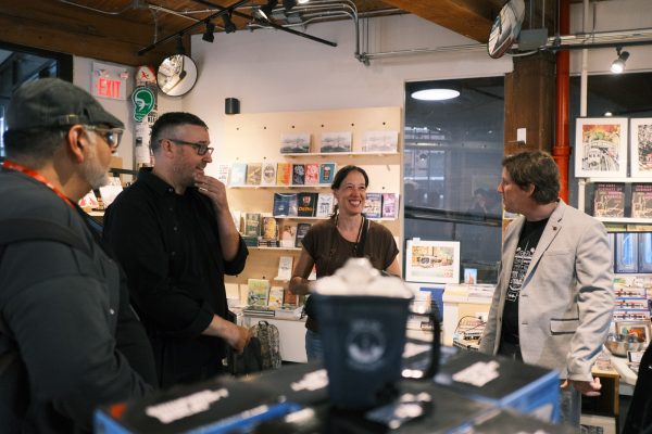 Ian Daffern (right) talks to people at the crowdfunding event